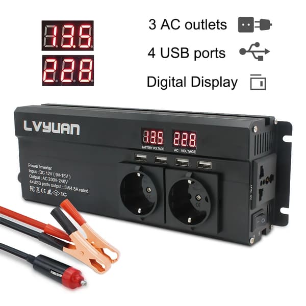 2600W Tehoinvertteri, 3 AC-pistoketta, 4 USB-porttia,12 V 2600W Musta EU