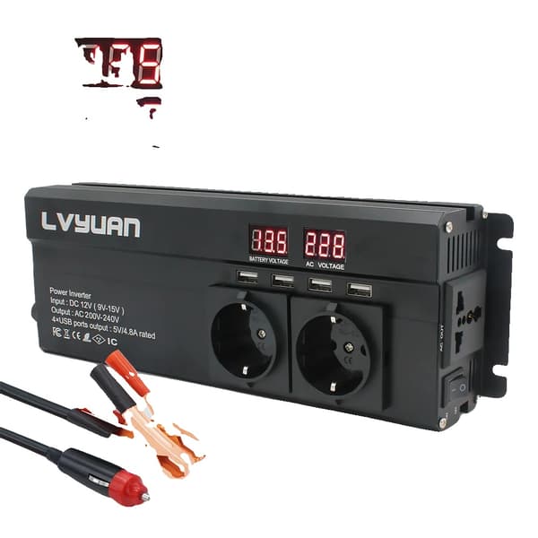 2600W Tehoinvertteri, 3 AC-pistoketta, 4 USB-porttia,12 V 2600W Musta EU
