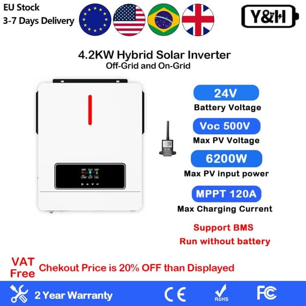 Hybrid sol inverter, 4.2KW utgångseffekt, MPPT 120A solcellsladdare,220-240V, 4.2KW-BMS-WIFI, 24V