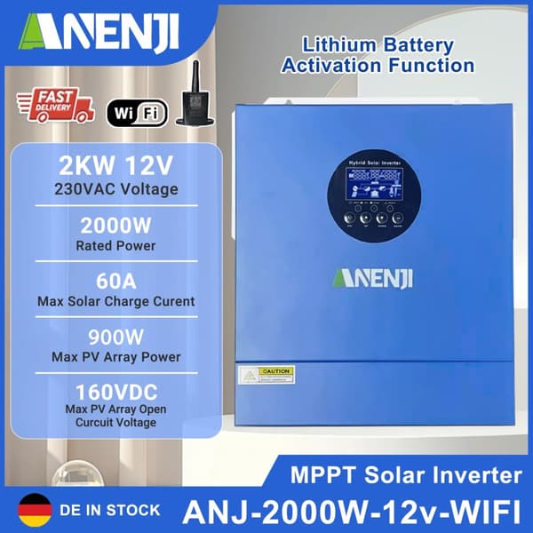Aurinkosuuntaaja, 2000W / 4000W Nimellisteho, Puhtaan sinimuotoisen aallon ulostulo,2000W-12V WiFi:llä