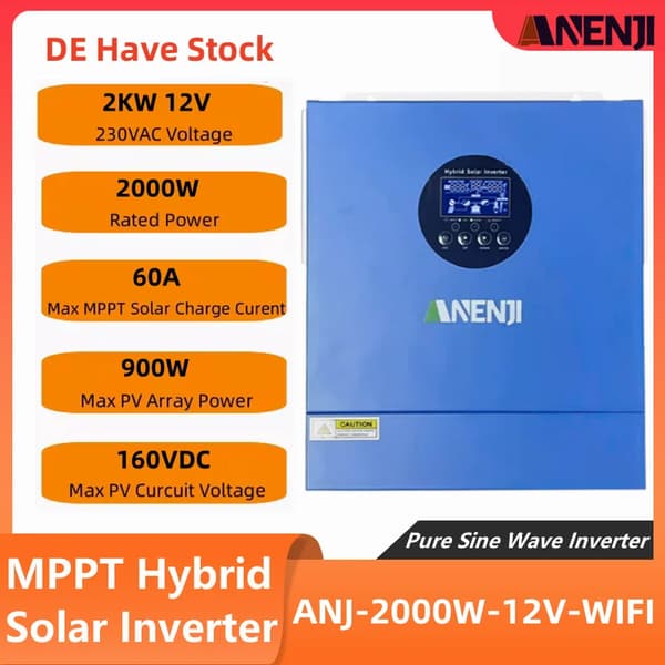 Hybrid sol inverter, 2000W/4000W effektvurdering, indbygget MPPT-teknologi,220-240V, ANJ-2000W-12V-WIFI