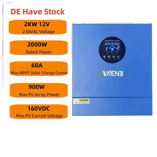 Hybrid sol inverter, 2000W/4000W effektvurdering, indbygget MPPT-teknologi,220-240V, ANJ-2000W-12V-WIFI