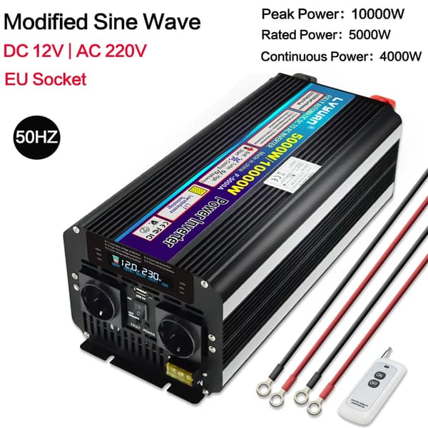 Inverter, 5000W Nominell Effekt, 10000W Spänningspuls,12V-220V-50Hz-EU