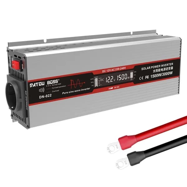DATOUBOSS Puhdas Sinimuotoinen Invertteri, 1500W Teho, 90% Muunnos Tehokkuus,Harmaa 12V 1500W