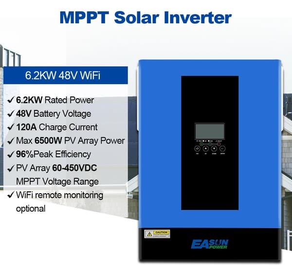 EASUN POWER Inverter, 6200W Ren Sinusbølge, 80A MPPT Solcellelader Controller,SMG-III-6.2KW-Wifi