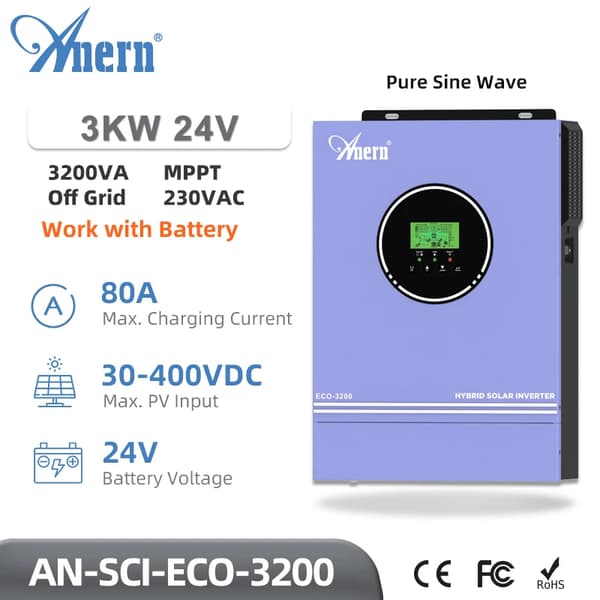 Hybrid Solar Inverter, 3000W Teho, 24V Akun Yhteensopivuus,ECO3KW 24V ilman WiFi:tä, 220-240V