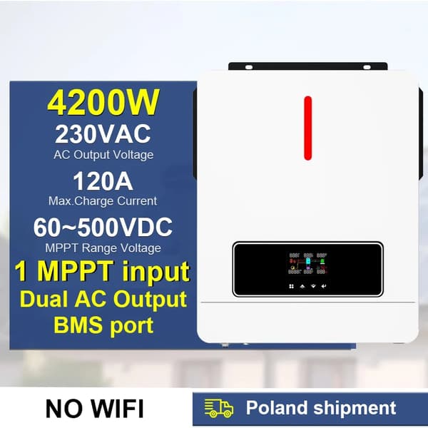Dual Output Solcelleinverter, 4200W/6200W Effekt, 120A Maks. Opladningsstrøm,4.2KW BMS ingen wifi, 220-240V
