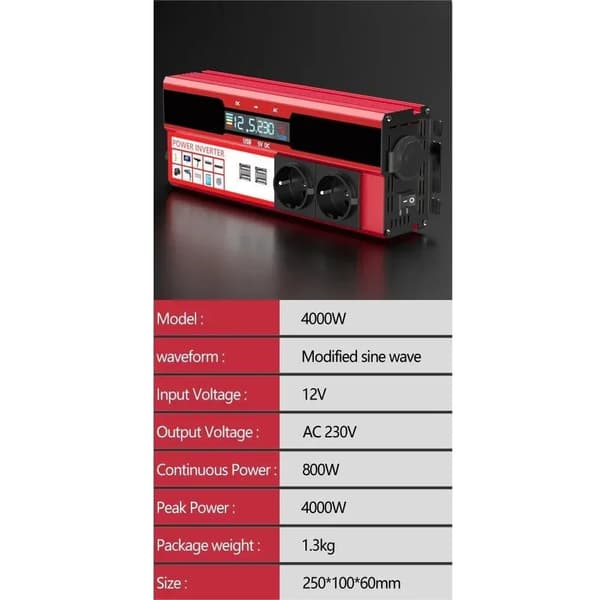 Strømomformer, 3000W/4000W modeller, modificeret sinuskurve, flere USB-porte,12V 220V 4000W