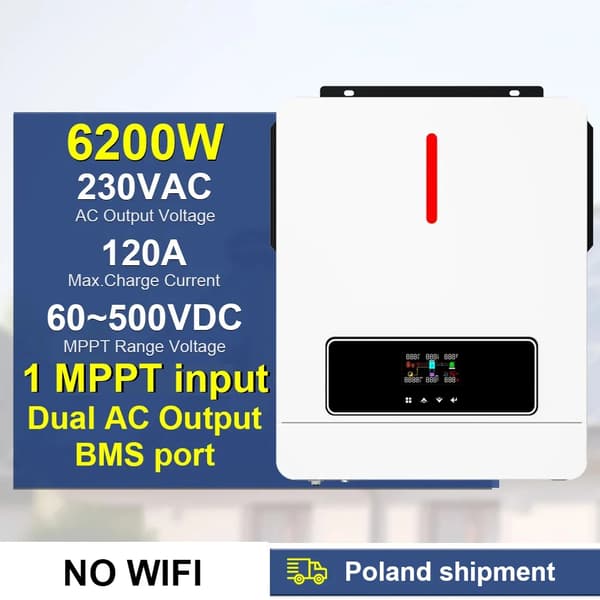 Kaksikanavainen aurinkosuuntaaja, 4200W/6200W teho, 120A maksimi latausvirta,6.2KW BMS ei wifi, 220-240V
