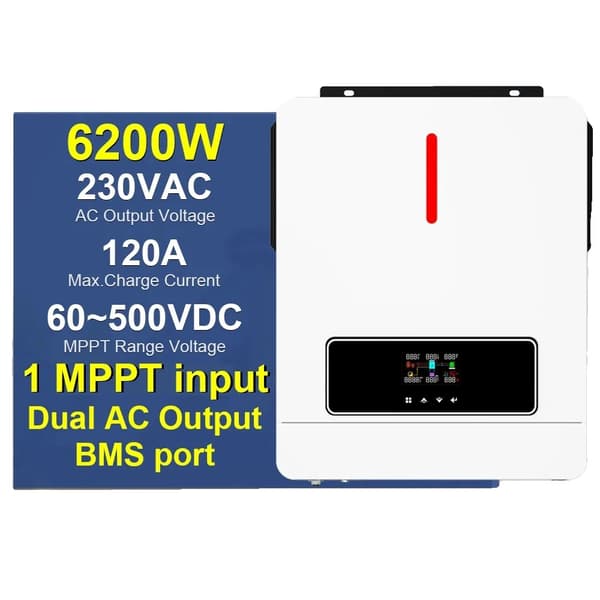 Kaksikanavainen aurinkosuuntaaja, 4200W/6200W teho, 120A maksimi latausvirta,6.2KW BMS ei wifi, 220-240V