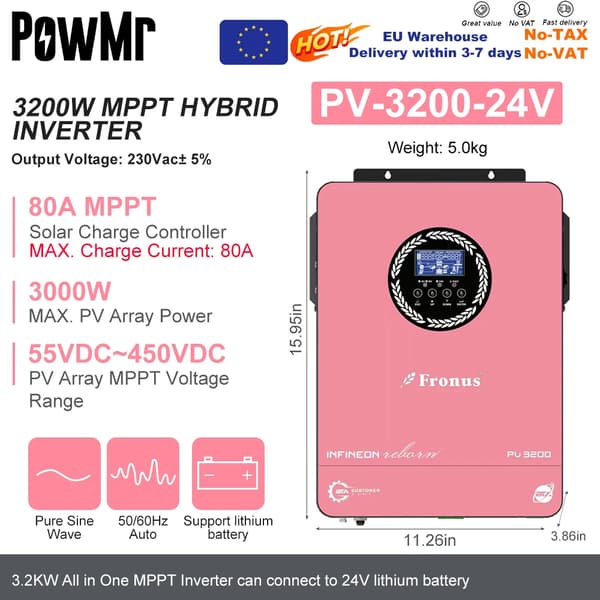Hybrid sol inverter, 3200W effekt, 80A MPPT laderegulator,3,2 kW 24V