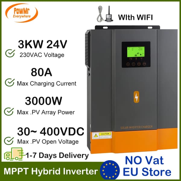 Hybrid Solar Inverter, 1.6KW/3KW Tehoarvo, 80A Maksimilatausvirta,POW-3KW-WIFI