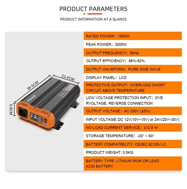 12V til 220V Bil Inverter, 1500W Kontinuerlig Effekt, Ren Sinusbølge Udgivelse,1500W-12V