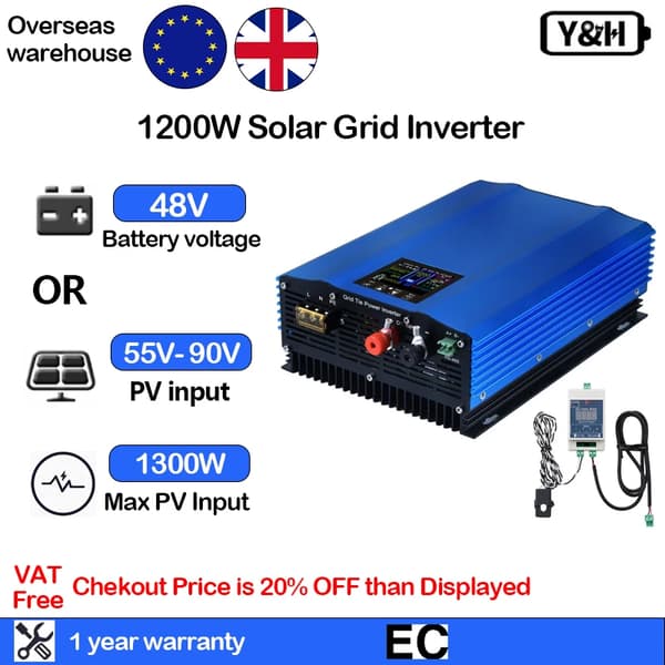 Aurinkoverkkoinvertteri, 1000W/1200W Teho, Akun Jännite, MPPT-tekniikka,1200W-48V, 180V-280VAC