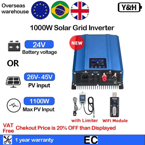 Aurinkoverkkoinvertteri, 1000W/1200W Teho, Akun Jännite, MPPT-tekniikka,1000W-24V-Wifi, 180V-280VAC