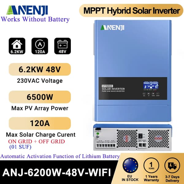 Hybrid Solar Inverter, 6500W Nimellisteho, 120A Ulostulo Virta, Puhtaan Sinimuotoisen Aallon,ANJ-6200W 48V WIFI, 220-240V