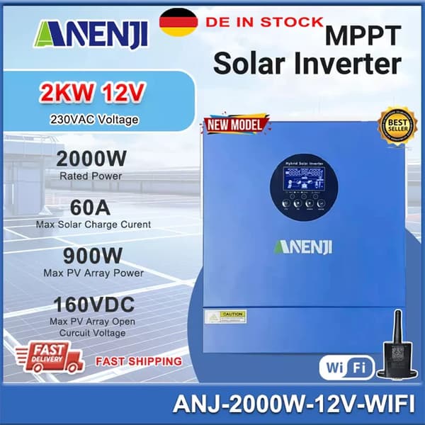 Hybrid sol inverter, 2000W nominel effekt, WiFi fjernovervågning,ANJ-2000W-12V