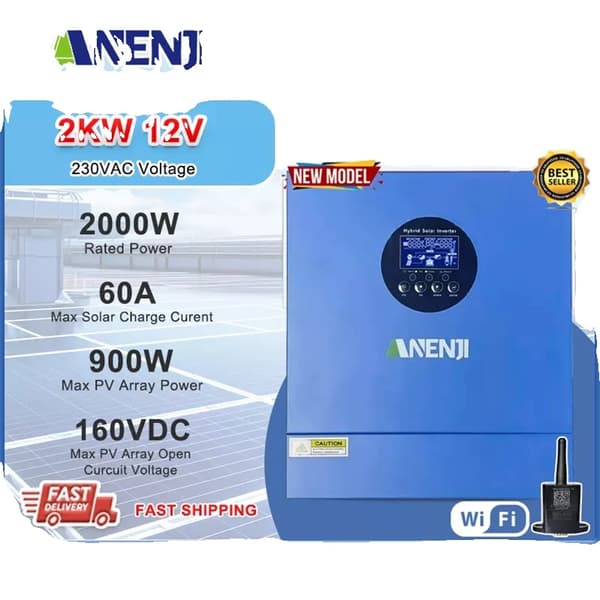 Hybrid sol inverter, 2000W nominel effekt, WiFi fjernovervågning,ANJ-2000W-12V