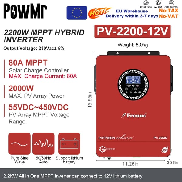 Hybrid Solar Inverter, 3200W Teho, 80A MPPT Lataussäädin,2.2KW 12V