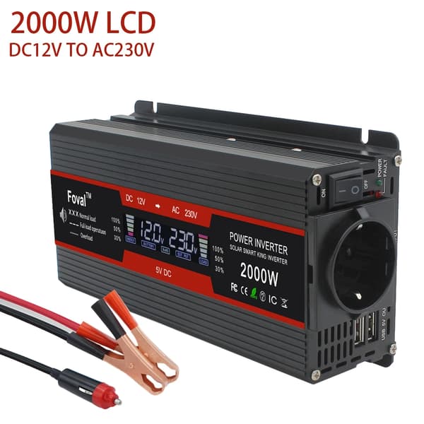 Auton virtamuunnin, 12V:sta 220V/230V:iin lähtö,2000W LCD