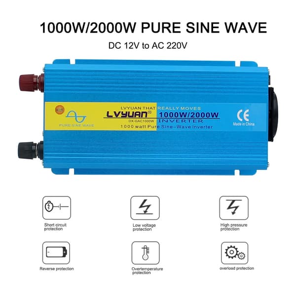Lvyuan Puhdas Sinimuotoinen Invertteri, 1000W Jatkuva Teho, 2000W Huippu Teho,12V-220V-50hz-ET