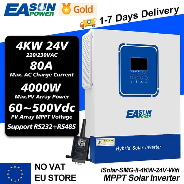 Hybrid sol inverter, 2KW til 6.2KW kapacitet, op til 120A ladestøm,SMG II 4K 24V WiFi