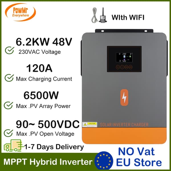 Hybrid Solar Inverter, 6.2 kW Teho, 120A Latausvirta,POW-6.2KW-WIFI