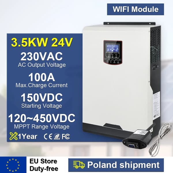 Aurinkohybridimuunnin, 3,5 kW teho, 100 A latausvirta,220-240V, 3,5 kW WiFi:llä