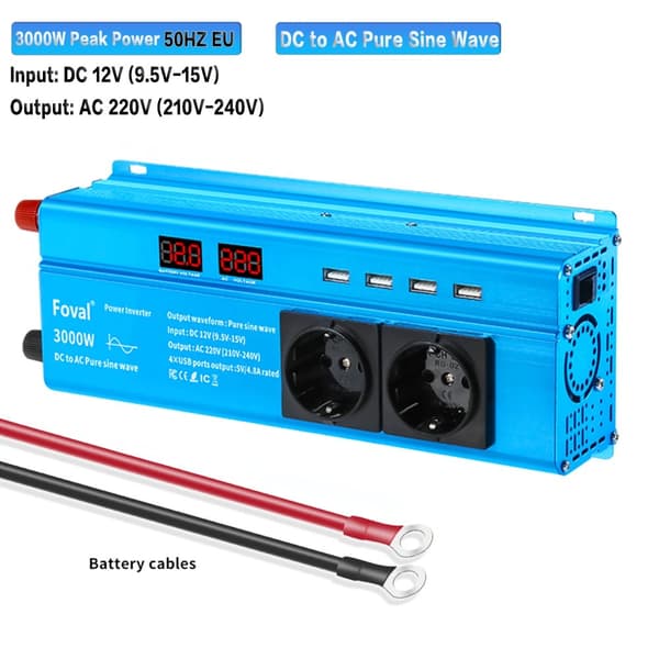 Virta-invertteri, 3000W huipputeho, 4 USB-latausporttia,12V 220V 50Hz EU