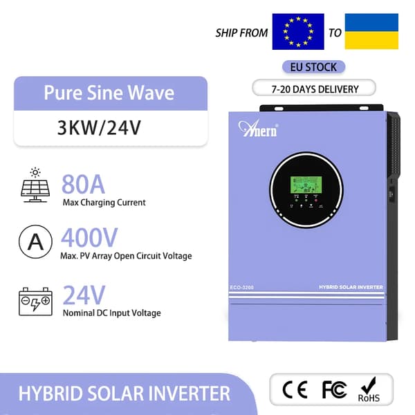Hybrid sol inverter, 3000W effekt, 24V indgangsspænding,3000W 24V INGEN WIFI, 220-240V