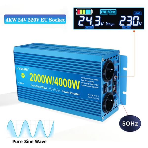 Ren sinusvågsomvandlare, 2000W kontinuerlig effekt, 4000W topp effekt,4KW 24V 220V 50HZ EU