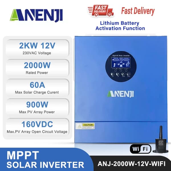 Hybrid sol inverter, 2000W ren sinuskurve, 60A solopladningsstrøm,220-240V, 12V, robot