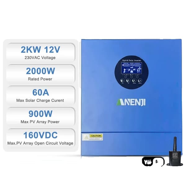 Hybrid sol inverter, 2000W ren sinuskurve, 60A solopladningsstrøm,220-240V, 12V, robot