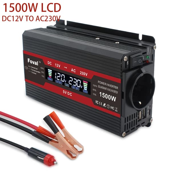 Auton virtamuunnin, 12V:sta 220V/230V:iin lähtö,1500W LCD