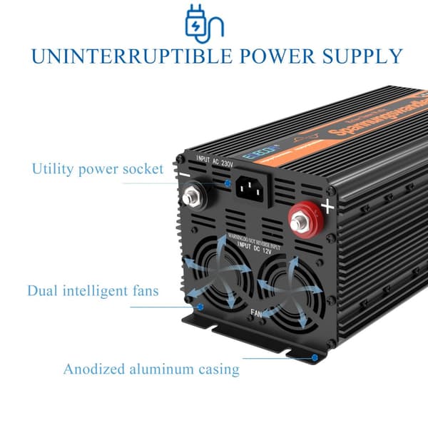 UPS Ren Sinus Inverter, Kontinuerlig Effekt 1500W, Spids Effekt 3000W,12V, 220-240V, TYSKLAND