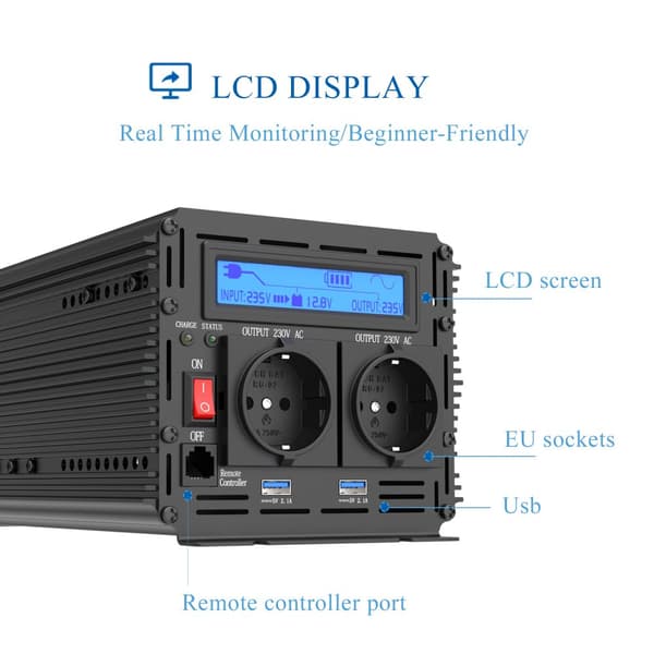 UPS Ren Sinus Inverter, Kontinuerlig Effekt 1500W, Spids Effekt 3000W,12V, 220-240V, TYSKLAND
