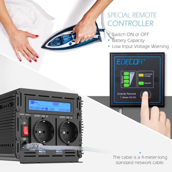 UPS Ren Sinus Inverter, Kontinuerlig Effekt 1500W, Spids Effekt 3000W,12V, 220-240V, TYSKLAND