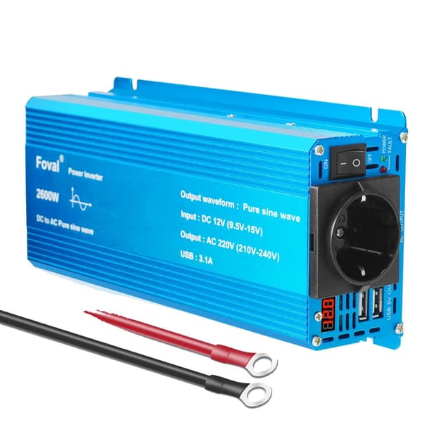12V Inverter, 2200W Ren Sinusudgang, Dobbelt USB Opladning,2600W EU Blå