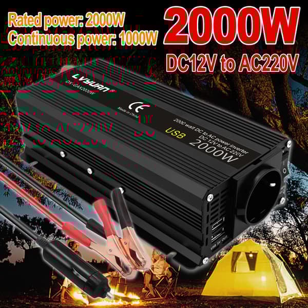 2000W Tehoinvertteri, AC 220V Ulostulo, USB-latausmahdollisuus,2000W-12V-220V