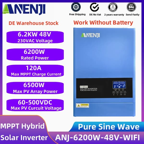 Hybrid Solar Inverter, Puhtaan Sinimuotoisen Aallon Ulostulo, Korkea Tehokkuusmuunnos,ANJ-6200W-48V-WIFI