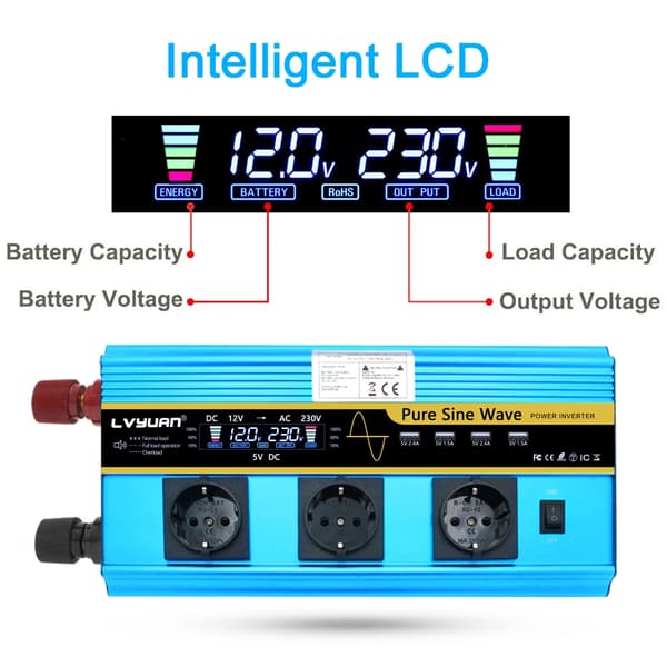 Bil Inverter, 6000W Spidseffekt, Dobbelt Spændingsindgang,12V 220V EU