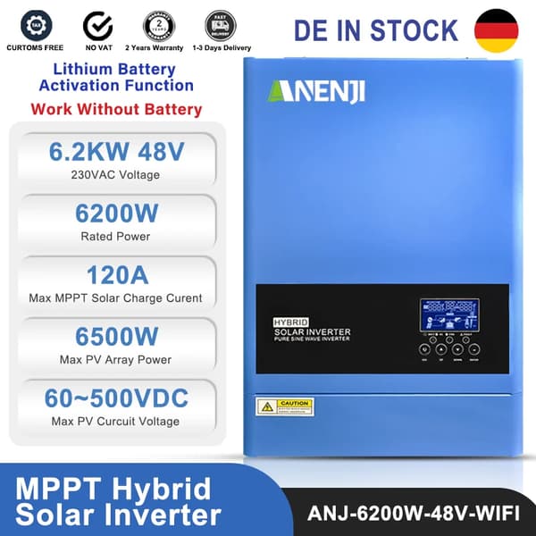 Hybrid sol inverter, Nominell effekt 6200W, Spänningskraft 6500VA,48V, 220-240V, ANJ-6200W-48V