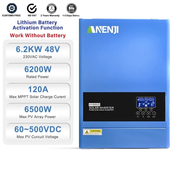 Hybrid sol inverter, Nominell effekt 6200W, Spänningskraft 6500VA,48V, 220-240V, ANJ-6200W-48V