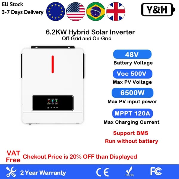 Hybrid Solar Inverter, 6.2 kW Teho, 120A MPPT Latausvirta,6.2KW-BMS, 48V, 220-240V
