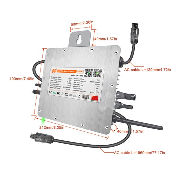 Deye 600W Aurinkomikroinvertteri, Kaksois-MPPT, IP67 Vesitiivis Suunnittelu,230V(184-265VAC), 600W