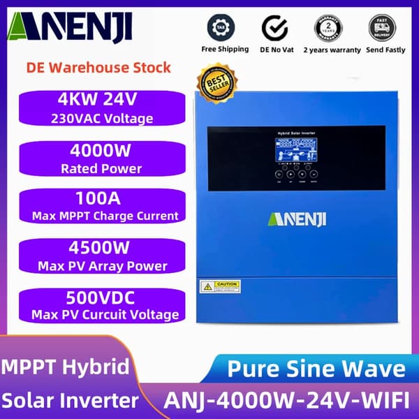 Hybrid sol inverter, ren sinuskurveudgang, høj effektiv konvertering,ANJ-4000W-24V-WIFI