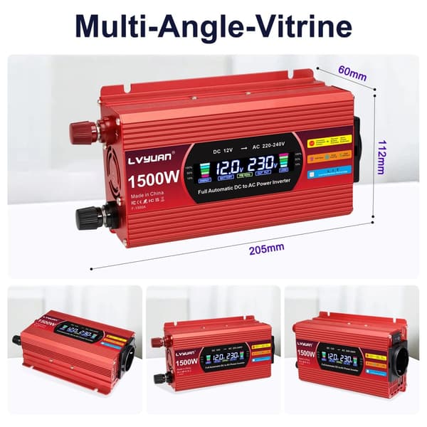 Bilens strømomformer, DC 12V til AC 220V,1500W-12V-220V-Rød