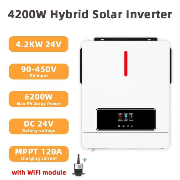 Hybrid Solar Inverter, 4.2KW 24V, MPPT 120A Aurinkolataaja,220-240V, 4.2KW-24V-WiFi