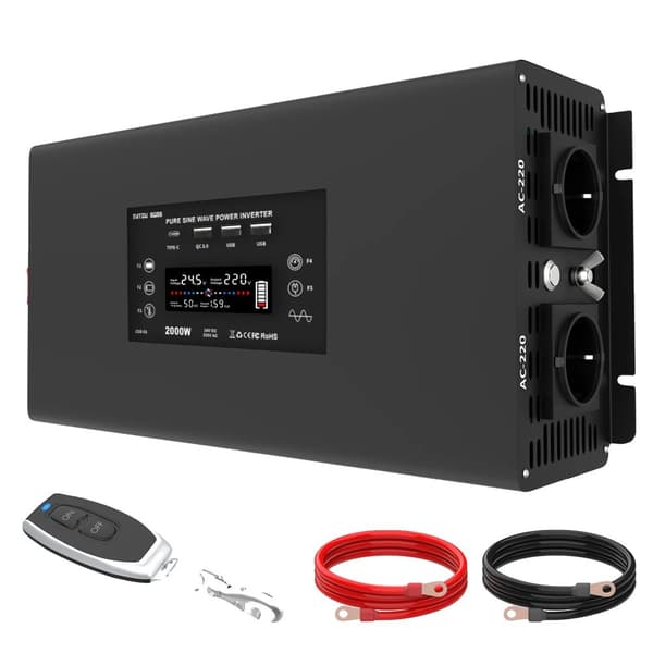 DATOUBOSS Ren Sinus Bølge Strømomformer, 2000W Udgivelse, Bluetooth Fjernbetjening,DC 24V til 220V EU