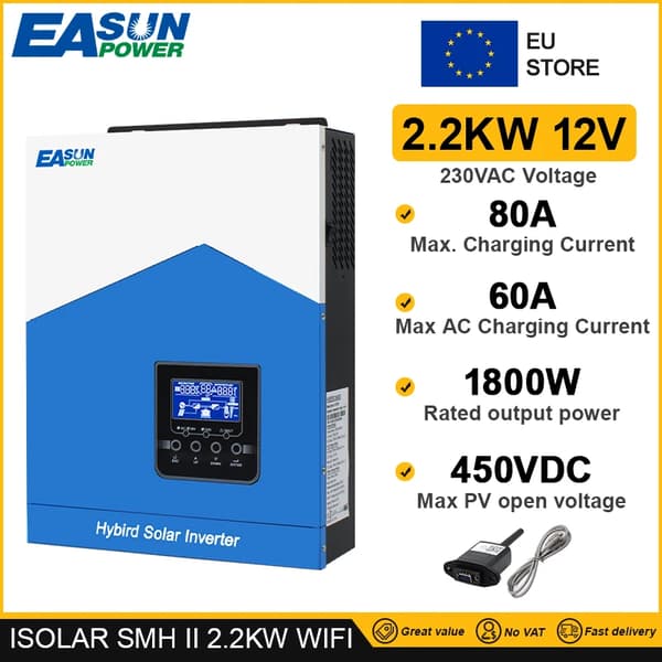 EASUN Sol inverter, 1800W Nominel Effekt, 80A Maksimal Lade Strøm,ISolar-SMH-II-2.2KW